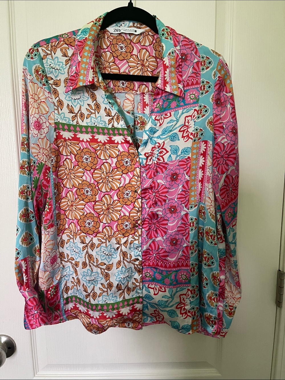 Zara Patchwork Floral Button-Down Shirt - Pink & Turquoise